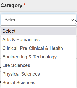 Screenshot of the drop down menu of categories.