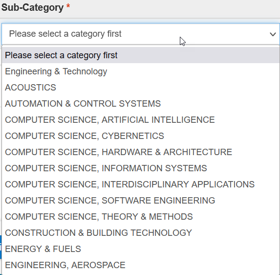 Screenshot of the drop down menu of sub-categories.