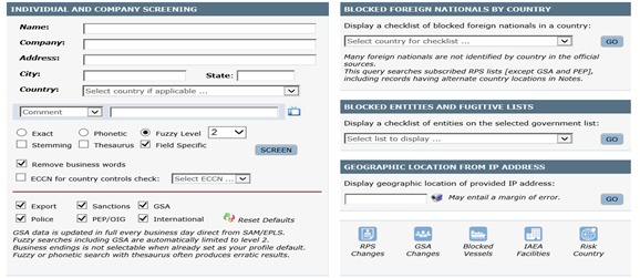 Individual and Company Screening form with fields for name, address, comments, search criteria choices, option to display a checklist for blocked foreign nationals, option to display a checklist of blocked entities and ability to display geographic location of provided IP address