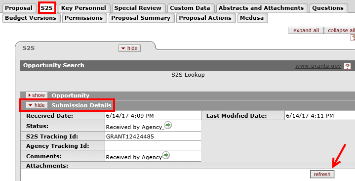 Example of the Submission Details subpanel accessed from the S2S tab in a proposal development document