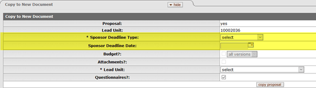 Sponsor Deadline Type and Date fields highlighted on the Copy to New Document panel