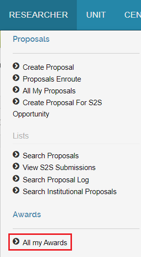 Search all awards link under the Lists subsection of the Proposals panel