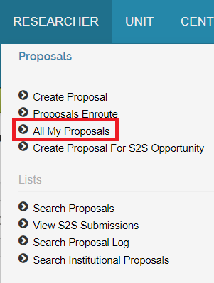 Search Proposals link under the Lists subsection of the Proposals panel