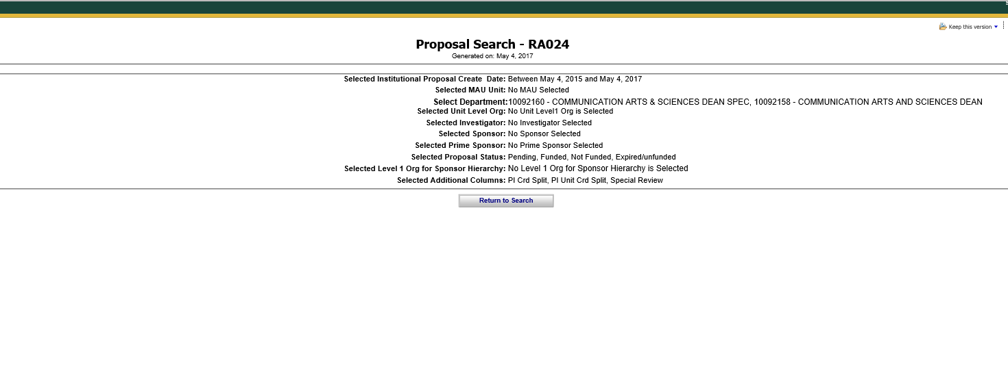 The Proposal Search screen in Kuali Coeus
